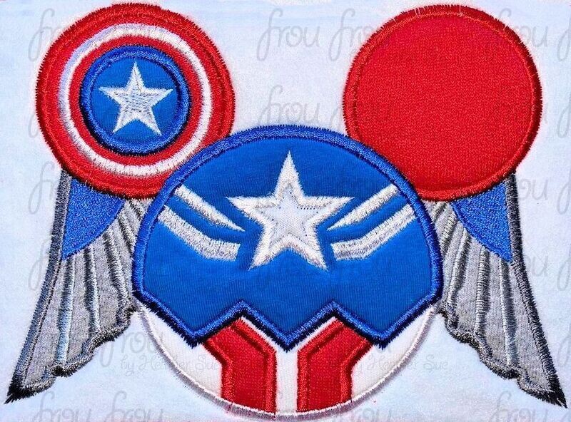 Falcon Captain USA Super Hero Mister Mouse Head Machine Applique and Filled Embroidery Designs, multiple sizes including 2.5"-16"