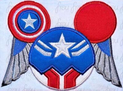 Falcon Captain USA Super Hero Mister Mouse Head Machine Applique and Filled Embroidery Designs, multiple sizes including 2.5