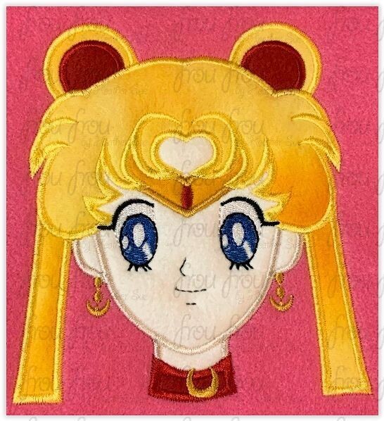 Sailor Luna Anime Head Machine Applique and Filled Embroidery Design, Multiple Sizes, including 2.5"-16"