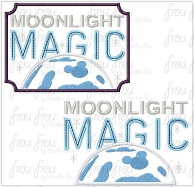 Moonlight Magic Logo TWO Versions, with and without frame, Wording Machine Embroidery and filled Design, Multiple sizes including 3