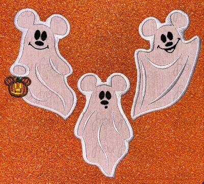Ghosts Mister Mouse THREE Design Set pumpkin, happy, and boo, filled and applique embroidery design- multiple sizes including 2"-16"
