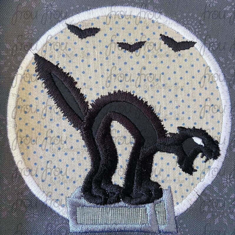 Silly Song Skeleton Dance Cat On Headstone With Moon Machine Applique and filled Embroidery Design 2&quot;-16&quot;