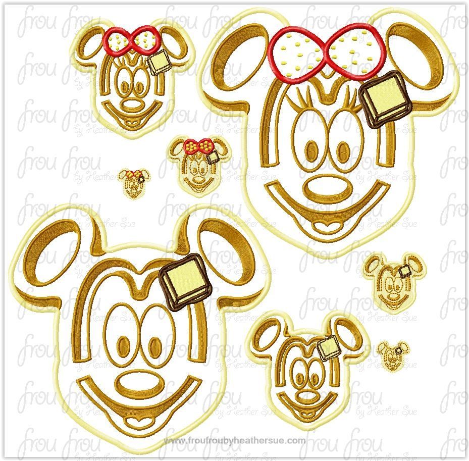 Waffle Mister and Miss Mouse Face with Butter TWO Design SET Machine Applique Embroidery Design, Multiple sizes including 1&quot;-16&quot;