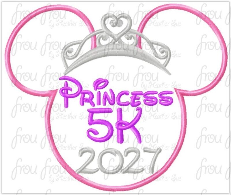 Princess 5K 2027 Miss Mouse Princess Crown Tiara Running Machine Applique Embroidery Design 4x4, 5x7, and 6x10