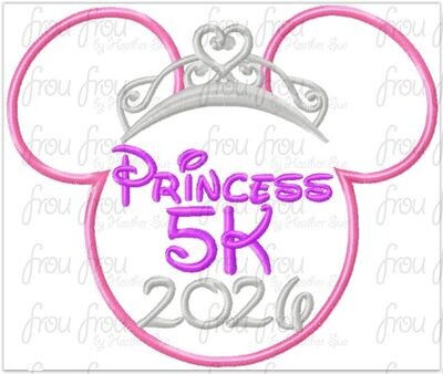 Princess 5K 2026 Miss Mouse Princess Crown Tiara Running Machine Applique Embroidery Design 4x4, 5x7, and 6x10