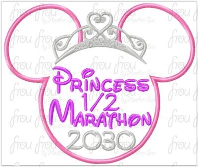 Princess 1/2 Marathon 2030 Miss Mouse Princess Crown Tiara Running Machine Applique Embroidery Design 4x4, 5x7, and 6x10