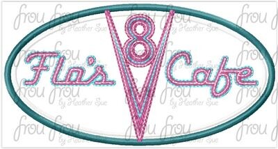 Florence's V8 Cafe Sign Car Machine Applique and Filled Embroidery Design, Multiple sizes including 2"-16"