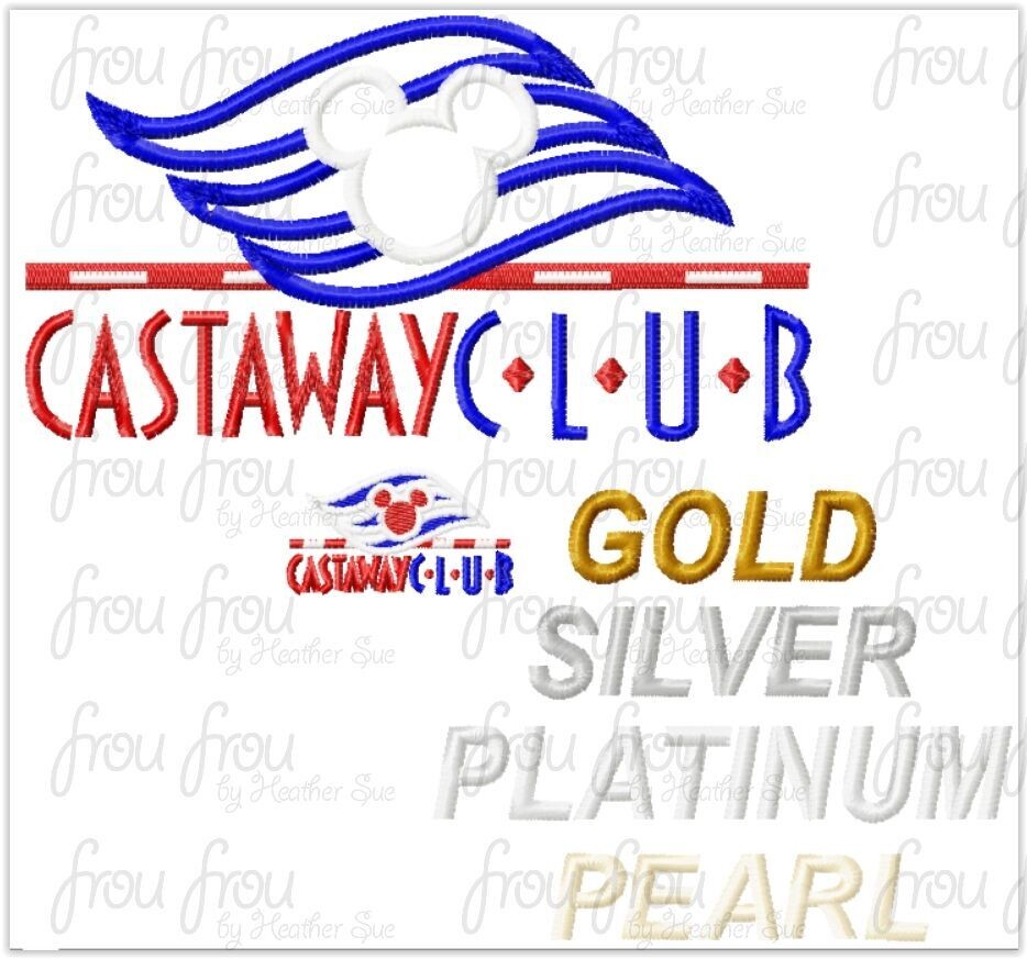 Cast Away Club Dis Cruise Ship Gold Silver Platinum Pearl Wording Applique Machine Embroidery Designs, Some in 2&quot;- 9&quot;