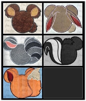 Lost Boy Mister Mouse Heads FIVE Design SET Machine Applique and Filled Embroidery Designs, multiple sizes, including 2