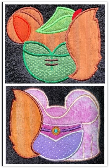 Robin Hood and Maid Maryanne Mouse Head TWO Design SET Machine Applique and filled Embroidery Design, multiple sizes including 2"-16"