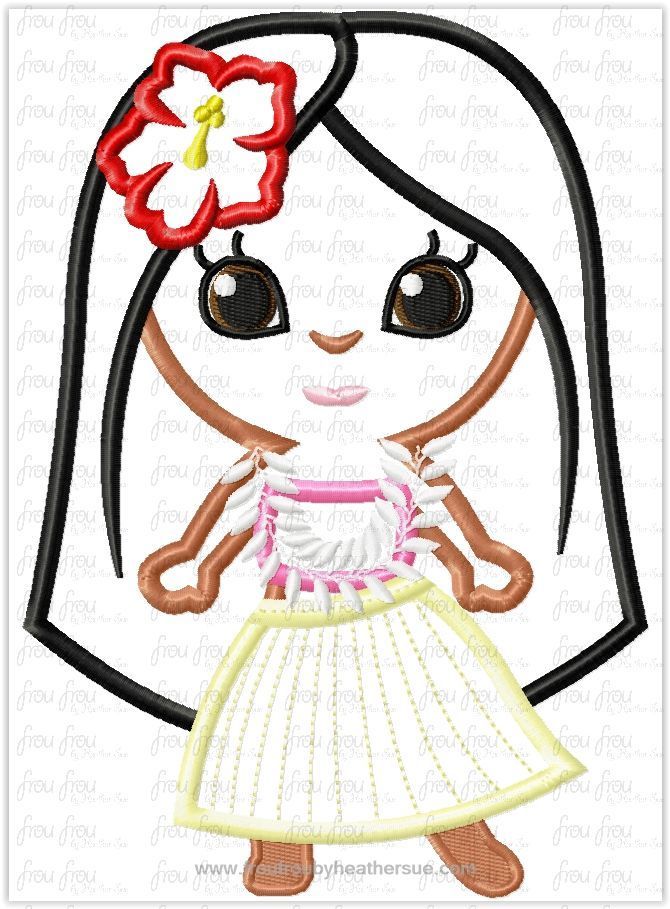 Hawaiian Girl Cutie It&#39;s a Small Globe Ride Machine Applique Embroidery Design, Multiple Sizes including 4&quot;-16&quot;