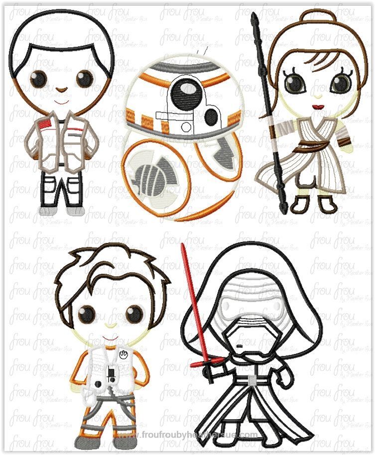 The Force Gets Up Space Wars Cutie FIVE Design SET Little Prince Princess Machine Applique Embroidery Design, Multiple Sizes, including 4