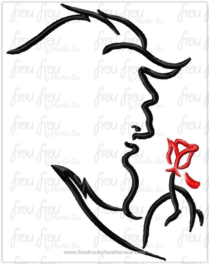 Beasty with rose sketch satin stitch, machine embroidery design, multiple sizes including 3&quot;-16&quot;