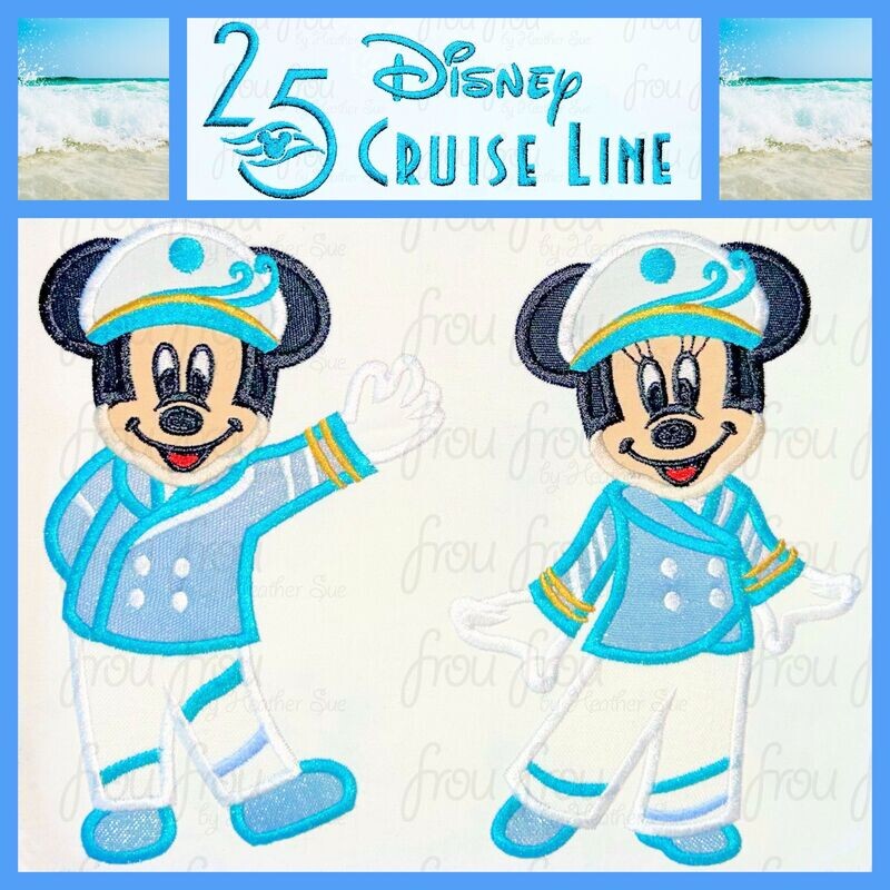 25th Anniversary Dis Cruise Line Mister and Miss Mouse THREE Design SET Machine  Applique and filled Embroidery Design 4"-16"