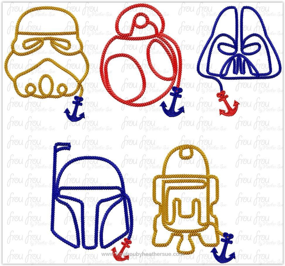 Space Wars Rope Outlines Dis Cruise Line With Anchor FIVE Design Set Machine Embroidery Design, Multiple Sizes, including 3&quot;-16&quot;