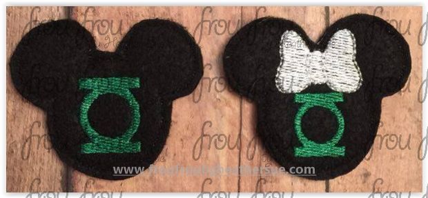 Clippies Green Lamp Superhero Mister and Miss Mouse Head TWO Design SET Machine Embroidery In The Hoop Project 1.5, 2, 3, and 4 inch