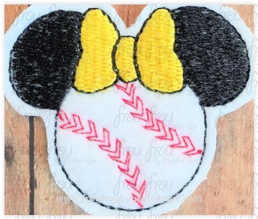 Clippie Baseball Softball Miss Mouse Head Machine Embroidery In The Hoop Project 1.5, 2, 3, and 4 inch