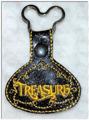 Treasure Dis Cruise Ship Name Key Fob, Two versions each, short and long tab, velcro or snaps, THREE SIZES in the hoop Machine Applique Embroidery Design- 4", 7", and 10"