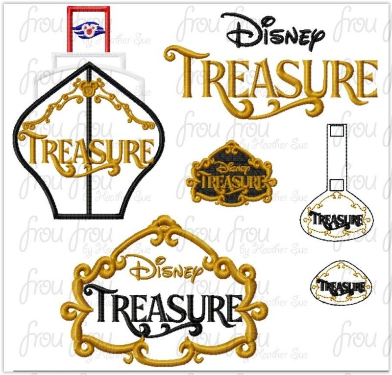Treasure Dis Cruise Ship  FIVE Design SET Machine Applique, Filled, Clippies, and Key Fob, Multiple Sizes
