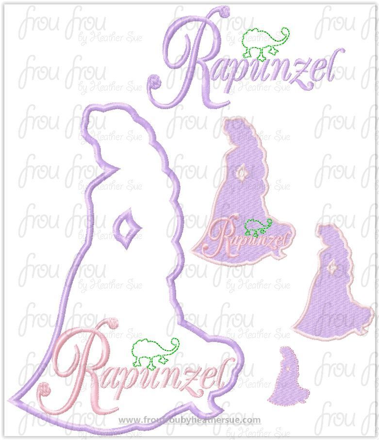 Punzel Princess Full Body Silhouette and Name TWO Design SET Machine Applique Embroidery Design, Multiple sizes 1.5"-16"