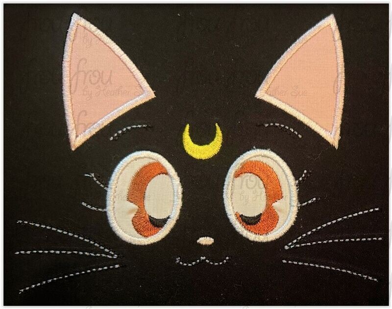 Sailor Cat Anime Face Only Machine Applique and Filled Embroidery Design, Multiple Sizes, including 2.5"-16"