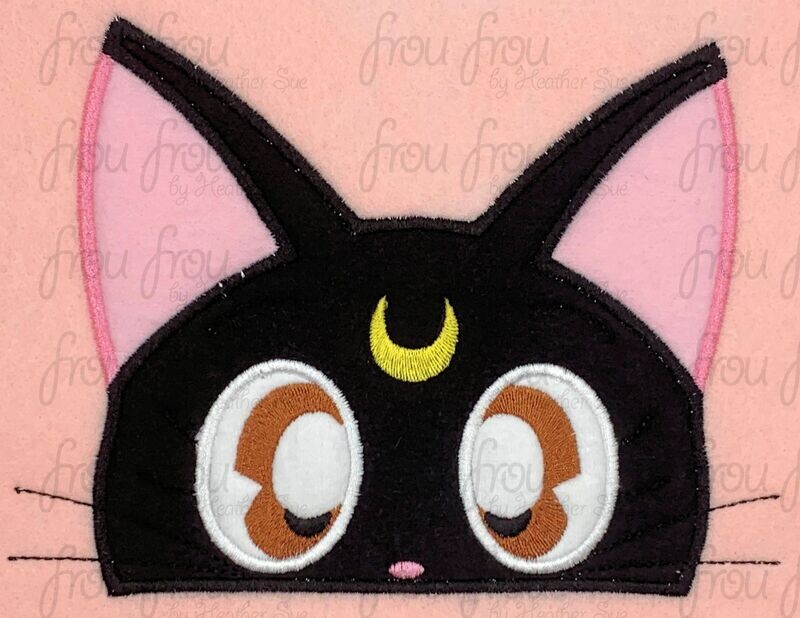 Sailor Cat Anime Peeker Machine Applique and Filled Embroidery Design, Multiple Sizes, including 2.5"-16"