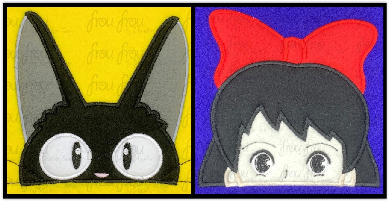 Keekee and Jigee Cat Delivery Service Anime Peeker TWO Design Set Machine Applique and Filled Embroidery Design, Multiple Sizes, including 2.5