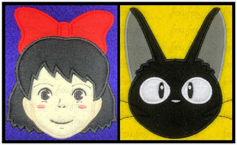 Keekee and Jigee Cat Delivery Service Anime Head TWO Design SET Machine Applique and Filled Embroidery Design, Multiple Sizes, including 2.5"-16"