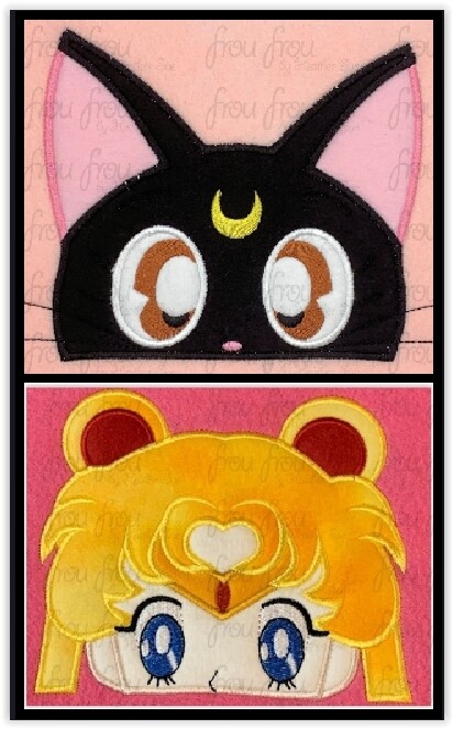 Sailor Luna and Cat Anime Peeker TWO Design Set Machine Applique and Filled Embroidery Design, Multiple Sizes, including 2.5"-16"
