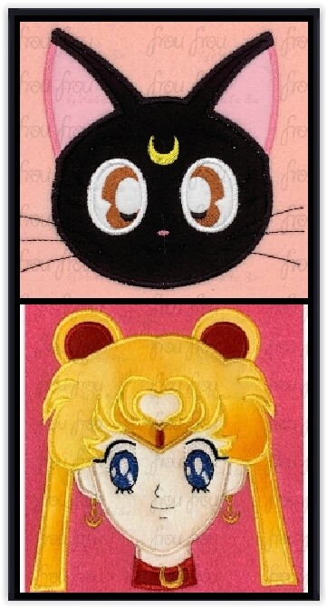 Sailor Luna and Cat Anime Head TWO Design SET Machine Applique and Filled Embroidery Design, Multiple Sizes, including 2.5"-16"