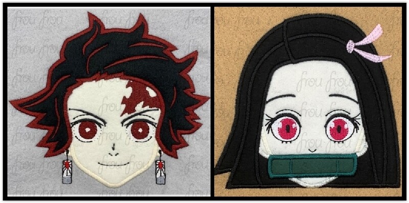 Nezooko and Tanjeero Slayer Head Anime TWO Design SET Machine Applique and Filled Embroidery Design, Multiple Sizes, including 2.5"-16"