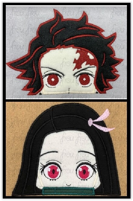 Nezooko and Tanjeero Slayer Anime Peeker TWO Design SET Machine Applique and Filled Embroidery Design, Multiple Sizes, including 2.5"-16"