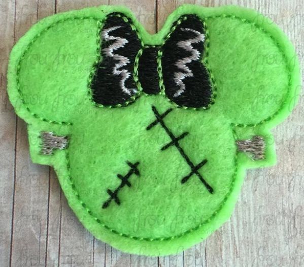 Clippie Frankmouse Miss Mouse Head Halloween Machine Embroidery In The Hoop Project 1.5, 2, 3, and 4 inch