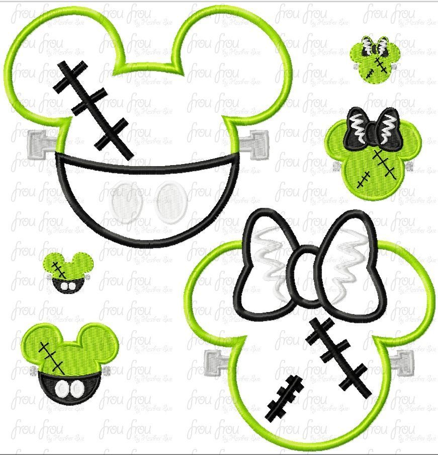 Frankenmouse Halloween Mister and Miss Mouse head TWO Design SET Machine Applique and filled Embroidery Designs  1&quot;-16&quot;