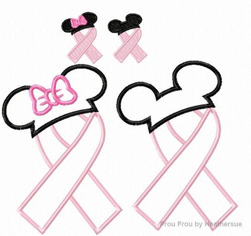 TWO Awareness Ribbon with Mister and Miss Mouse Ears SET Applique and filled Embroidery Designs, mutltiple sizes including half inch, 1, 1.5, 2, 4, 7, and 10 inch