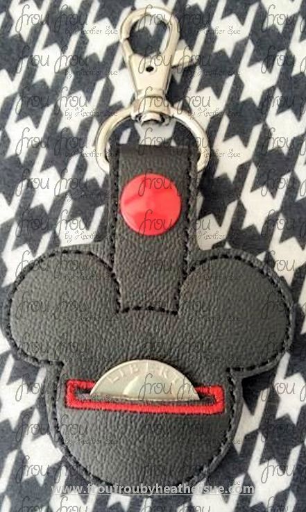 Mister Mouse Head Key Fob Grocery Cart Coin Quarter Holder, velcro or snaps, in the hoop Machine Applique Embroidery Design- 4&quot;