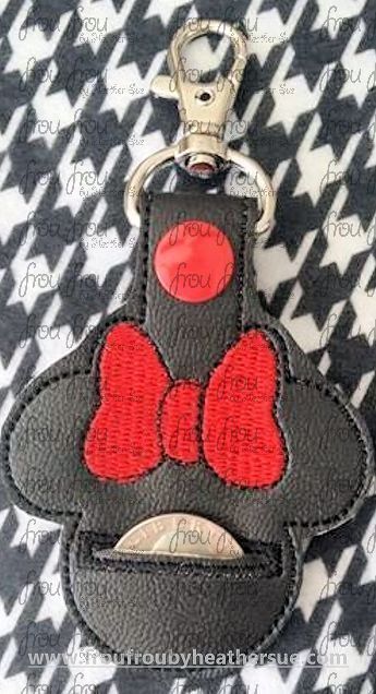 Miss Mouse Head Key Fob Grocery Cart Coin Quarter Holder, velcro or snaps, in the hoop Machine Applique Embroidery Design- 4&quot;