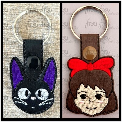 Keekee and Jigee Cat Delivery Service Anime Head Key Fob, 2 design set 2 versions each, short and long tab, velcro or snaps, THREE SIZES in the hoop Machine Applique Embroidery Design- 4", 7", and 10"