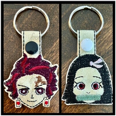 Nezooko and Tanjeero Slayer Anime Head Key Fob, 2 design set 2 versions each, short and long tab, velcro or snaps, THREE SIZES in the hoop Machine Applique Embroidery Design- 4", 7", and 10"