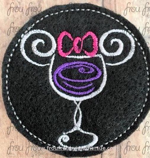 Clippie Wine Glass Miss Mouse Head Machine Embroidery In The Hoop Project 1.5, 2, 3, and 4 inch