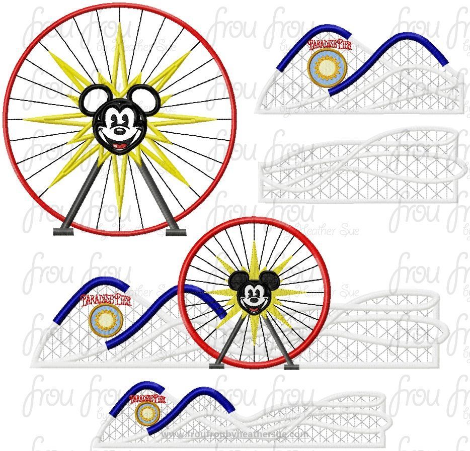Paradise Pier Roller Coaster and Mister Mouse Fun Ferris Wheel FIVE Design SET Dis Land Machine Applique Embroidery Design, Multiple Sizes, including  4&quot;-16&quot;
