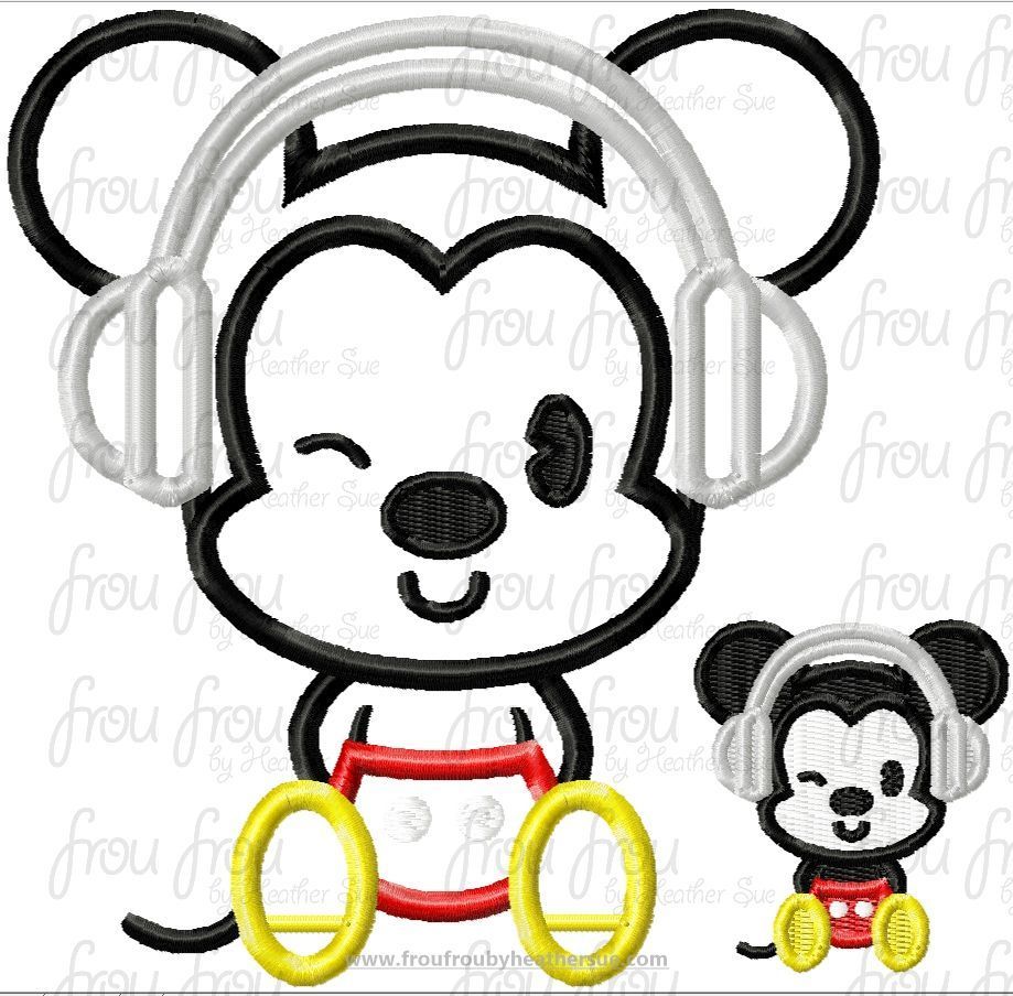 Mister Mouse Cutie Wearing Headphones Full Body Machine Applique Embroidery Design, Multiple Sizes, including 2"-16"
