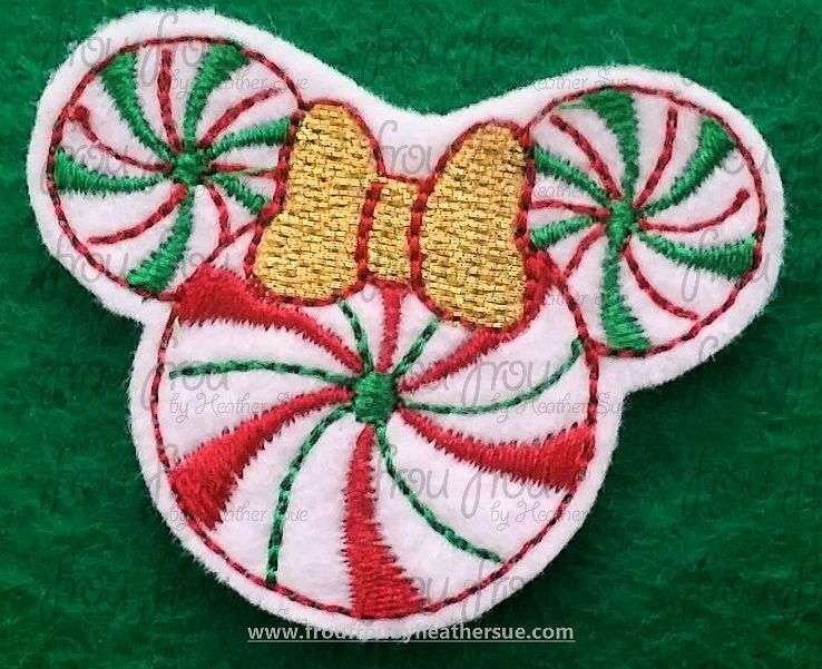 Clippie Peppermint Candy Christmas Miss Mouse Head Machine Embroidery In The Hoop Project 1.5, 2, 3, and 4 inch