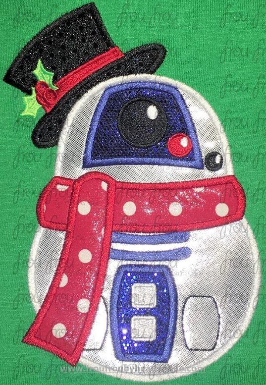 R3D3 Snowman Top Hat Scarf Santa Christmas Space Wars Machine Applique Embroidery Design, Multiple Sizes, 3"-16"