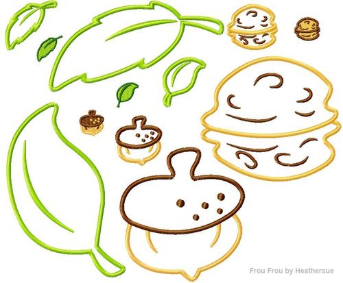 Nut and Leaves FOUR design SET Walnut, Acorn, Leaf Machine Embroidery Applique Design Multiple Sizes, including 1/2&quot;, 1&quot;, 2&quot;, 3&quot;, 4&quot;, 5&quot;, and 6&quot;
