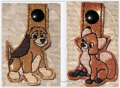 Toad Fox and Cop Hound Dog Key Fob TWO Design SET, short and long tab, velcro or snaps, THREE SIZES in the hoop Machine Applique Embroidery Design- 4", 7", and 10"