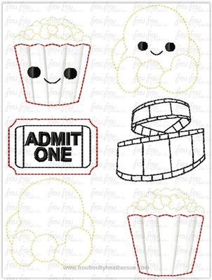 Clippie Movies, Ticket, Popcorn, Popcorn Bucket With and Without Smiley Faces SIX Design SET Machine Embroidery In The Hoop Project 1.5, 2, 3, and 4 inch and SORTED