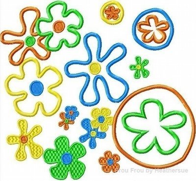 Sponge flowers FOUR design SET, Machine Applique and filled Embroidery Designs, multiple sizes including 1, 2, 4, 7, and 10 inch