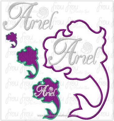 Ariah Mermaid Princess Full Body Silhouette and Name TWO Design SET Machine Applique Embroidery Design, Multiple sizes 1.5