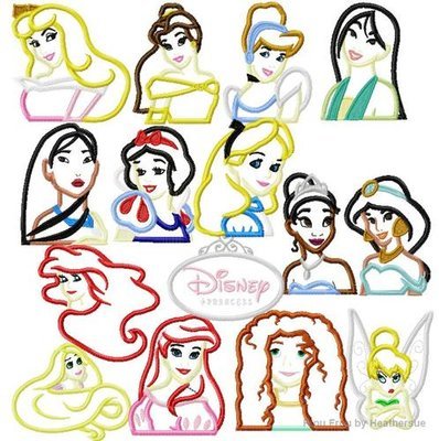 Princesses Head and Shoulders FIFTEEN Design SET Machine Applique Embroidery Designs, Multiple sizes including 4 inch